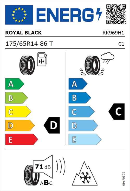 Tyre Label for Royal Black Royal A/S 175/65R14 86T