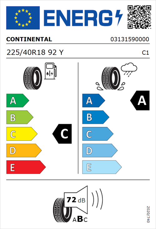 Tyre Label for Continental SportContact 7 225/40R18 92Y