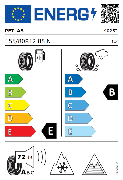Tyre Label for Petlas Full Grip PT935 155/80R12 88N
