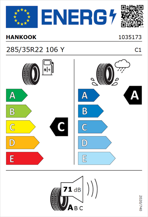 Tyre Label for Hankook Ventus Evo (K137A) 285/35R22 106Y