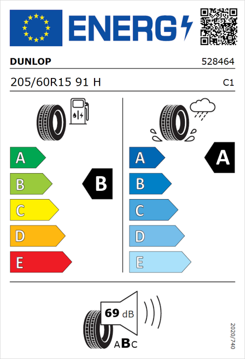 Tyre Label for Dunlop Sport BluResponse 205/60R15 91H
