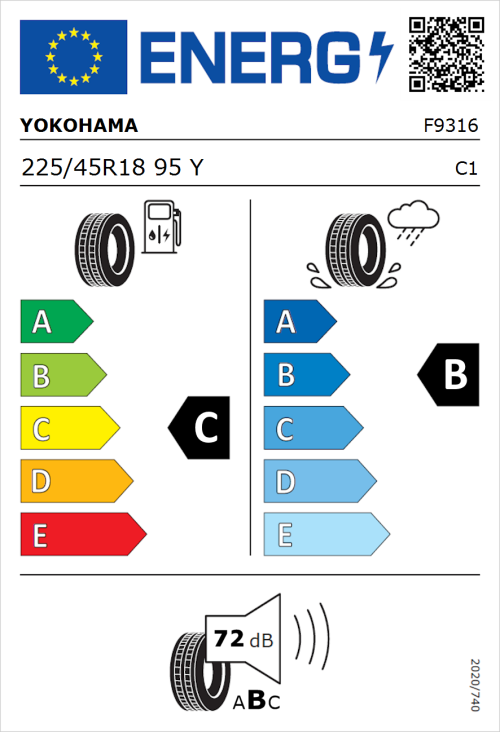 Tyre Label for Yokohama V105 225/45R18 95Y