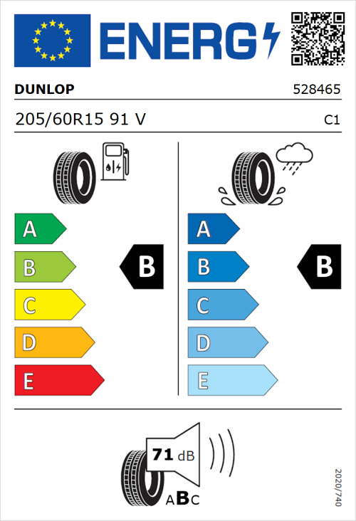 Tyre Label for Dunlop Sport BluResponse 205/60R15 91V